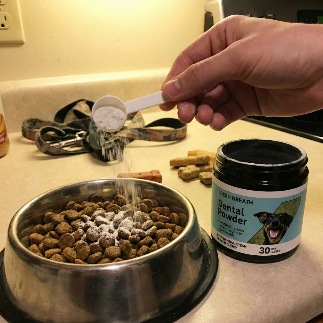 Adding PupSmile dental powder to dog food